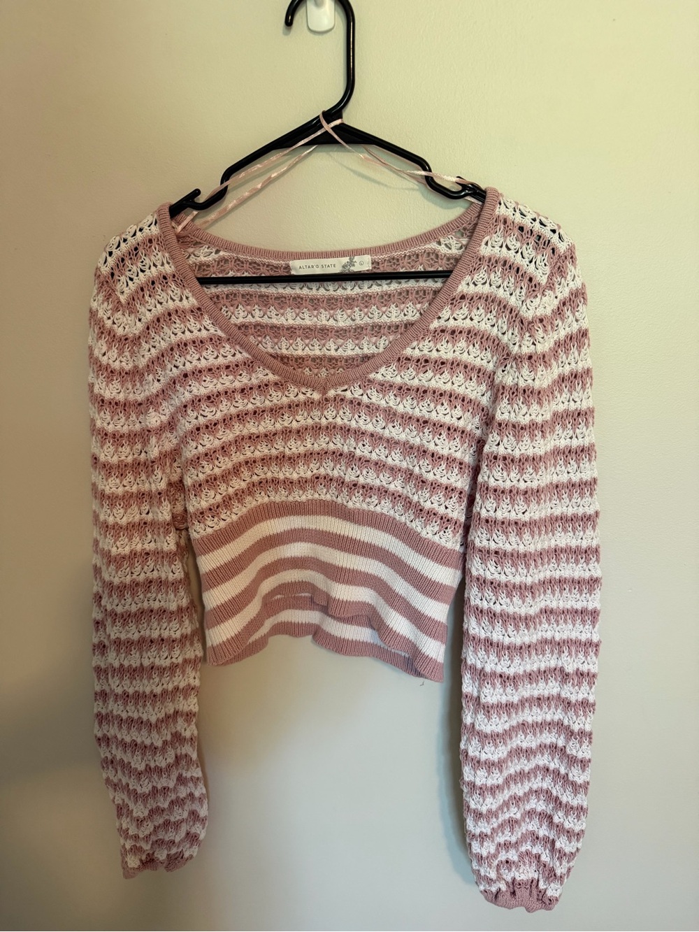 Altar'd State Mauve and Cream Striped Open-Knit V-Neck Crop Sweater